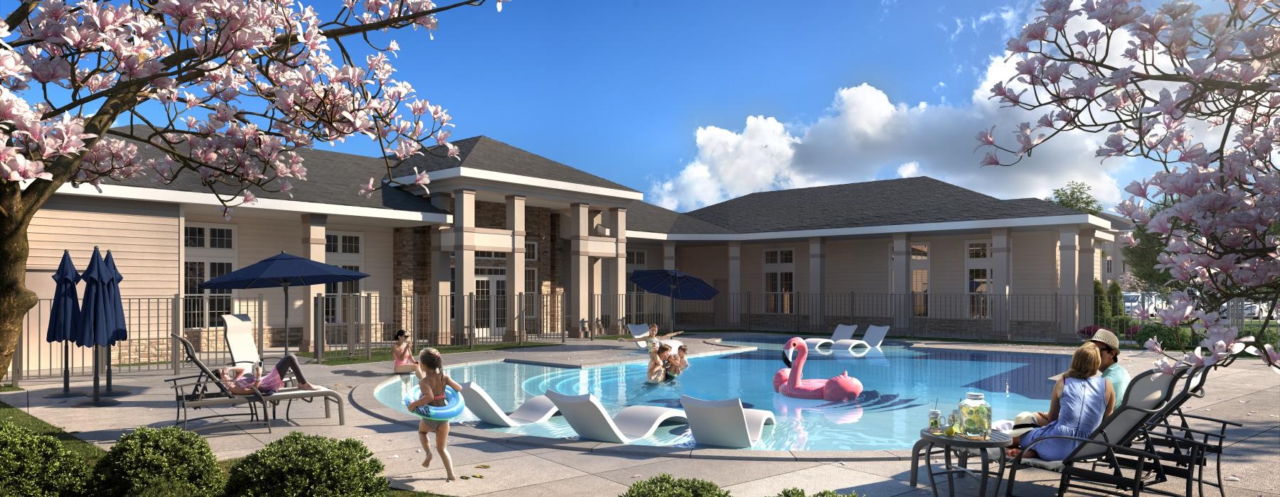 a swimming pool in front of a house